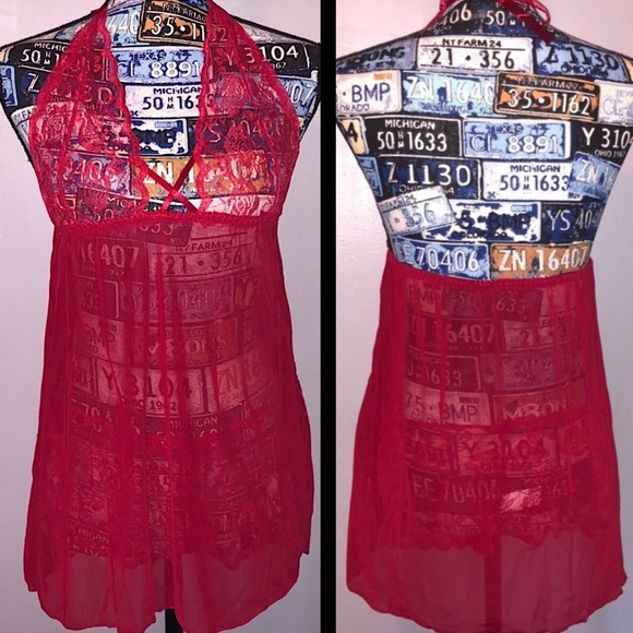 Plunge Neck Red Lace Babydoll w/ Matching Bottoms - Picture 4 of 5